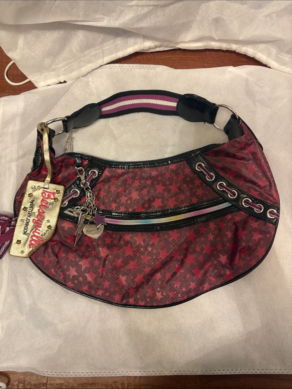 Betsy & Adam Red Star-Print Shoulder Bag with Striped Strap